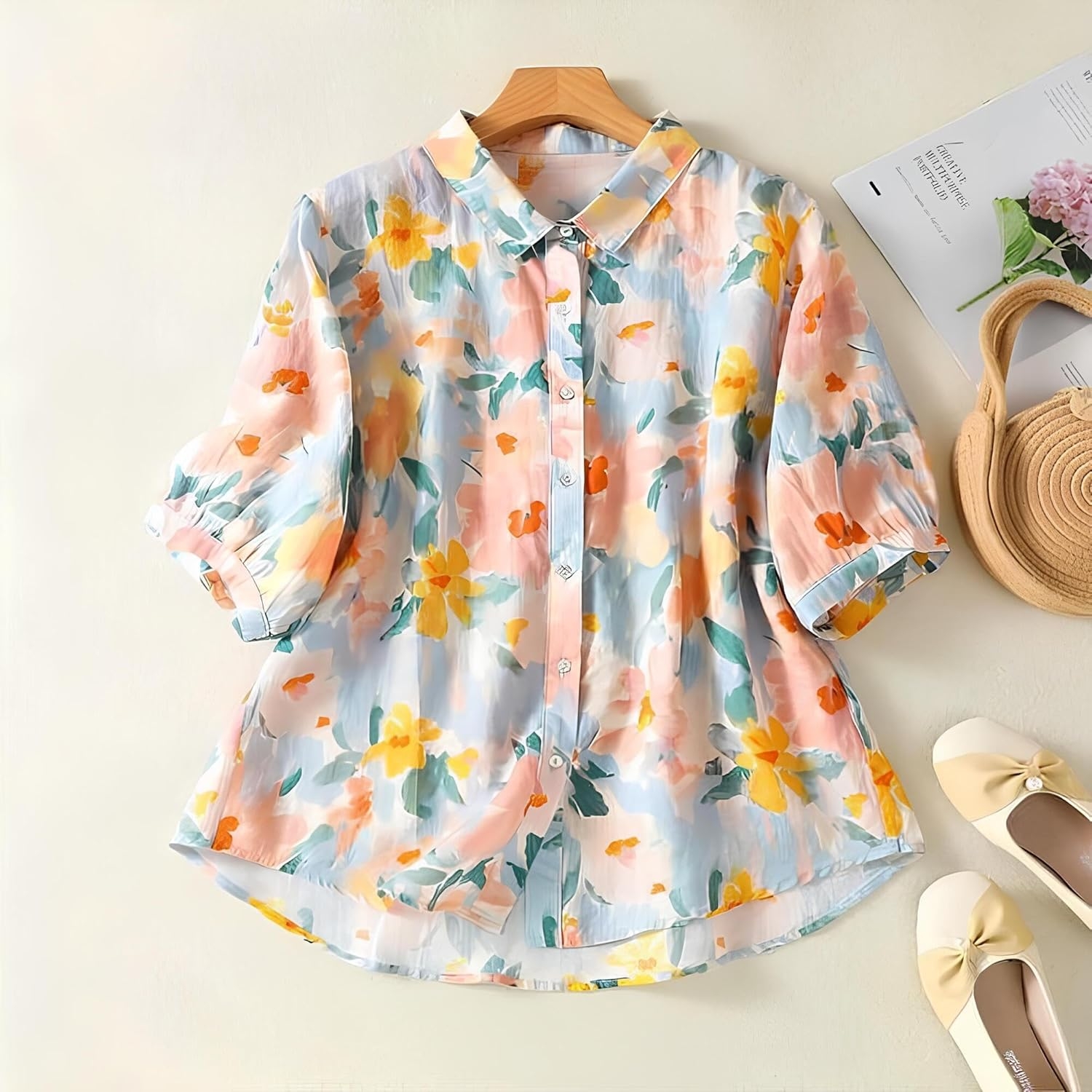 Gufrina Women’s Casual Button-Down Shirt with Multicolor Floral Print & Half Sleeves, Collar Neck - Image 2