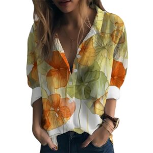 Gufrina Women's Floral Printed Button Down Western Shirt with Collar Neck and Rolled-Up Long Sleeves in Relaxed Fit