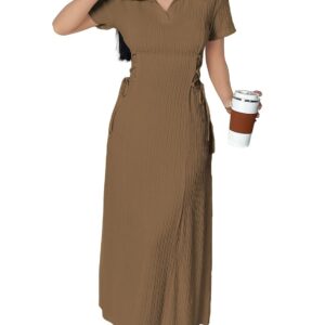 Shasmi Women’s Solid Color Applique Lace-Up Collared Short Sleeve, Side-Tie Waist Long Casual Maxi Women Dress Outfit Long Evening Midi Western Party Dress for Women (Dress 211)