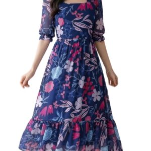 SMOWKLY Women's Georgette Floral Printed Western Gown || Half Sleeve V Neck Fit & Flare Flared Hem Design || A-Line Maxi Dress Casual Wear