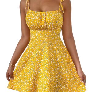 Aahwan Women Fit and Flare Blue Summer Vacation Style Floral Print Spaghetti Strap with Shoulder Ties Mini Dress