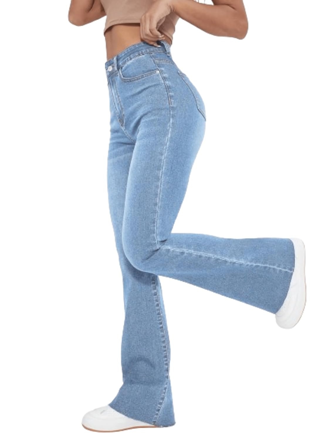 Aahwan Women's & Girl's Light Blue Stretch Fit High Rise Solid High Waist Flare Leg Stretcheble Jeans