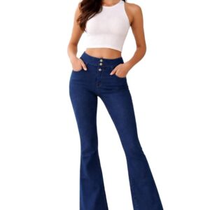 Women High Waist Bootcut Jeans | Stretchable Denim Pant | 3 Button Front Closure | Flared Bell Bottom Style Casual for Girls & Ladies (Sizes 26-34)