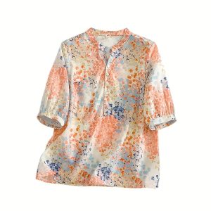 Top with Mandarin Collar, Half Button Placket and Relaxed Fit Sleeves