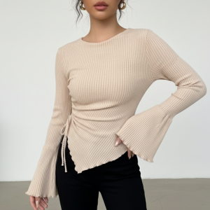 Ribbed Bell Sleeve | Round Neck Slim Fit Stretchable for Casual