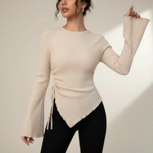 Ribbed Bell Sleeve | Round Neck Slim Fit Stretchable for Casual