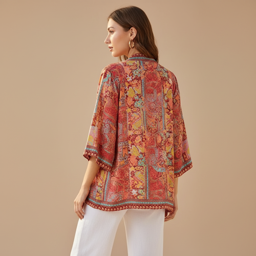 Women’s Boho Border Print Shrug | Stylish Kimono Jacket Cover Up | Soft Silky-Feel Premium Fabric - Image 2