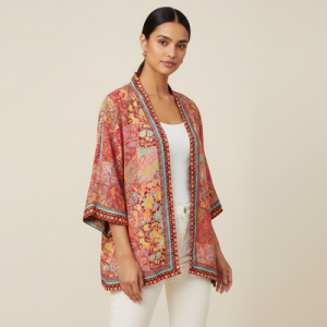 Women’s Boho Border Print Shrug | Stylish Kimono Jacket Cover Up | Soft Silky-Feel Premium Fabric
