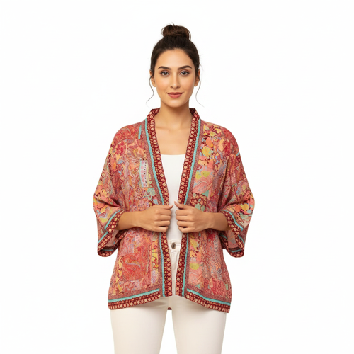 Women’s Boho Border Print Shrug | Stylish Kimono Jacket Cover Up | Soft Silky-Feel Premium Fabric - Image 4