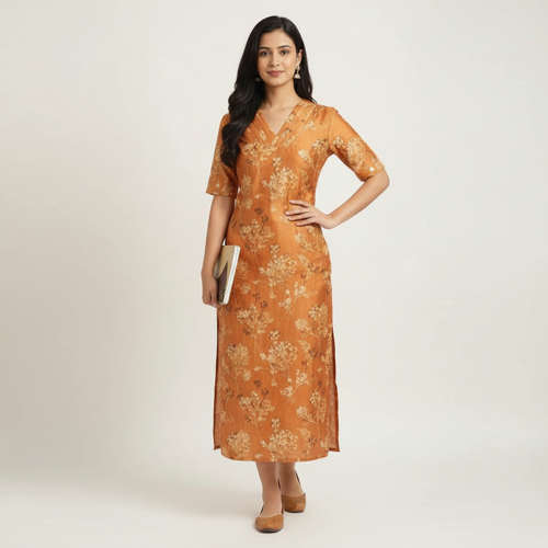 Women’s Chanderi Straight Printed College Kurti (KT12_Fenta_XL) - Image 2