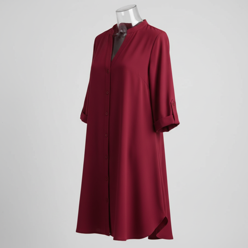 Top with 3/4th Sleeves Mandarin Collar Neck Solid Pattern A Line Style Knee-Length and Regular Fit - Image 2