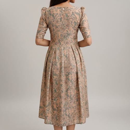Material composition Chanderi Blend Sleeve type Puff Sleeve Length Calf Length Neck style Boat Neck Pattern Floral Style Regular - Image 2