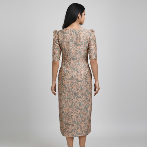 Material composition Chanderi Blend Sleeve type Puff Sleeve Length Calf Length Neck style Boat Neck Pattern Floral Style Regular - Image 3