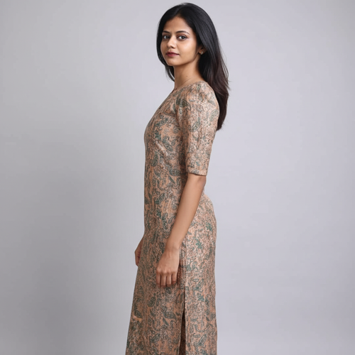 Material composition Chanderi Blend Sleeve type Puff Sleeve Length Calf Length Neck style Boat Neck Pattern Floral Style Regular - Image 4