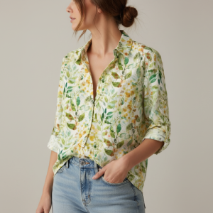 Shirt with Collar Neck and Rolled-Up Long Sleeves in Relaxed Fit
