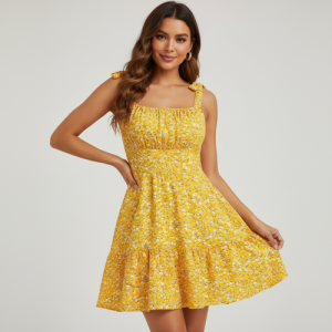 Women Fit and Flare Blue Summer Vacation Style Floral Print Spaghetti Strap with Shoulder Ties Mini Dres
