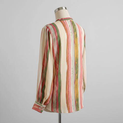 Shirt with Mandarin Collar Neck Full Puff Sleeves Striped Pattern Regular Fit and Standard Length - Image 2