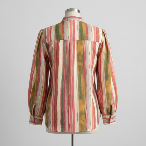 Shirt with Mandarin Collar Neck Full Puff Sleeves Striped Pattern Regular Fit and Standard Length - Image 3