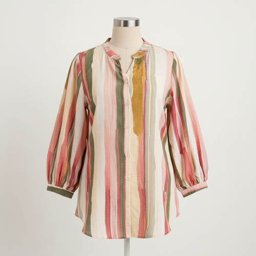 Shirt with Mandarin Collar Neck Full Puff Sleeves Striped Pattern Regular Fit and Standard Length - Image 4