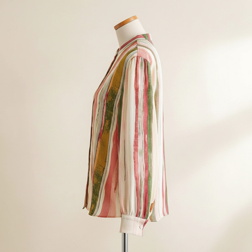 Shirt with Mandarin Collar Neck Full Puff Sleeves Striped Pattern Regular Fit and Standard Length - Image 5