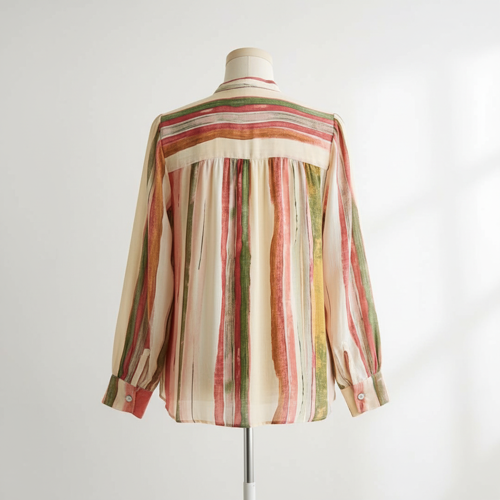 Shirt with Mandarin Collar Neck Full Puff Sleeves Striped Pattern Regular Fit and Standard Length - Image 6