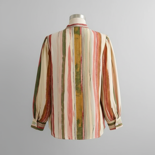 Shirt with Mandarin Collar Neck Full Puff Sleeves Striped Pattern Regular Fit and Standard Length - Image 7
