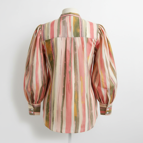 Shirt with Mandarin Collar Neck Full Puff Sleeves Striped Pattern Regular Fit and Standard Length - Image 8