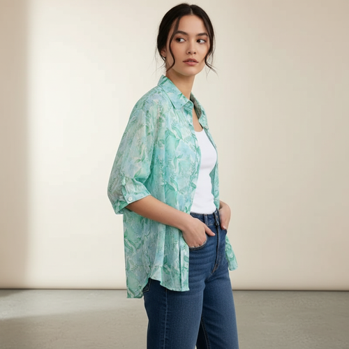 Shirt with Multicolor Floral Print & Half Sleeves, Collar Neck - Image 20