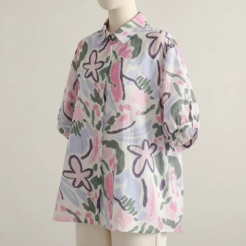 Shirt with Multicolor Floral Print & Half Sleeves, Collar Neck - Image 8