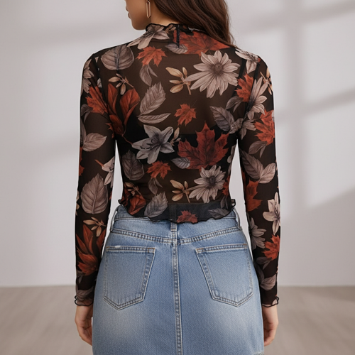 Top | with Unique Print | Sheer Short Sleeve Aesthetic Tee, Ruffled Hem Vintage Streetwear Summer Top - Image 10