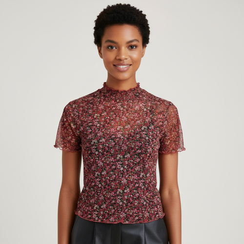 Top | with Unique Print | Sheer Short Sleeve Aesthetic Tee, Ruffled Hem Vintage Streetwear Summer Top - Image 11