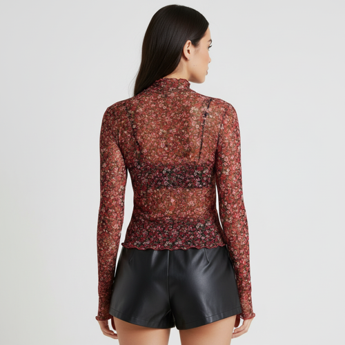 Top | with Unique Print | Sheer Short Sleeve Aesthetic Tee, Ruffled Hem Vintage Streetwear Summer Top - Image 12