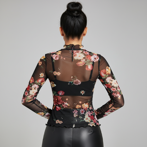 Top | with Unique Print | Sheer Short Sleeve Aesthetic Tee, Ruffled Hem Vintage Streetwear Summer Top - Image 14