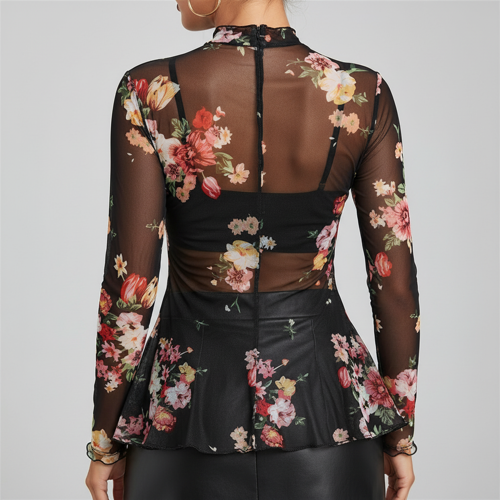 Top | with Unique Print | Sheer Short Sleeve Aesthetic Tee, Ruffled Hem Vintage Streetwear Summer Top - Image 15