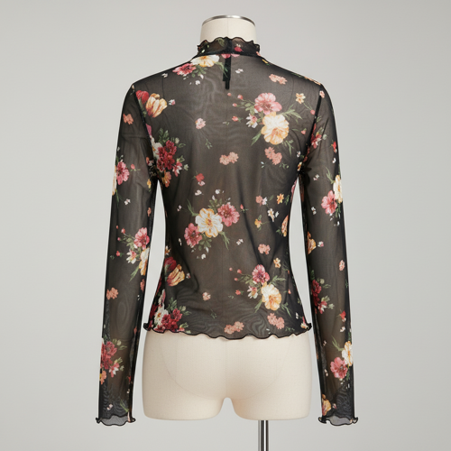 Top | with Unique Print | Sheer Short Sleeve Aesthetic Tee, Ruffled Hem Vintage Streetwear Summer Top - Image 16