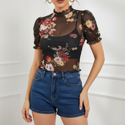 Top | with Unique Print | Sheer Short Sleeve Aesthetic Tee, Ruffled Hem Vintage Streetwear Summer Top - Image 18