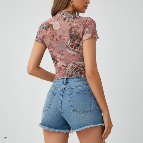 Top | with Unique Print | Sheer Short Sleeve Aesthetic Tee, Ruffled Hem Vintage Streetwear Summer Top - Image 21