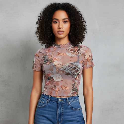 Top | with Unique Print | Sheer Short Sleeve Aesthetic Tee, Ruffled Hem Vintage Streetwear Summer Top - Image 23