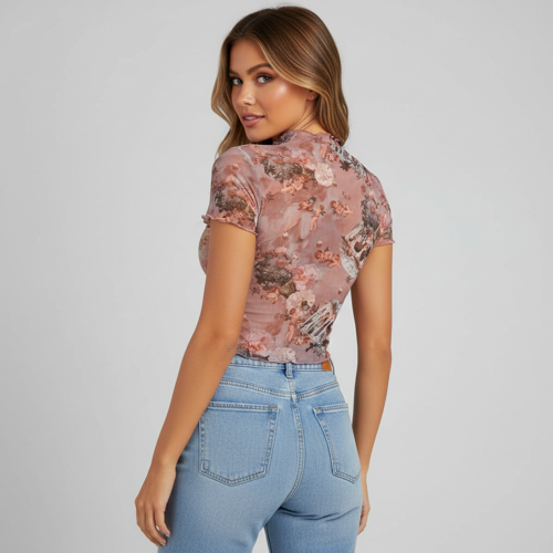 Top | with Unique Print | Sheer Short Sleeve Aesthetic Tee, Ruffled Hem Vintage Streetwear Summer Top - Image 24