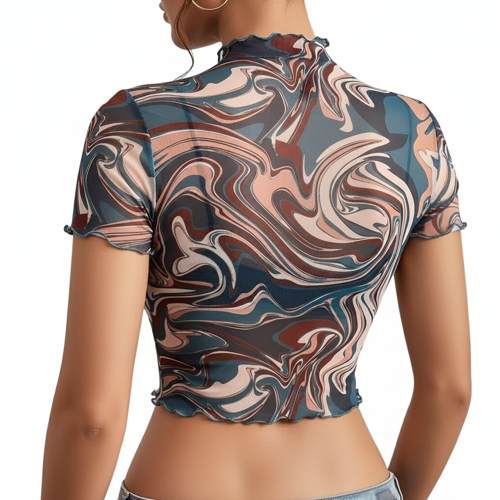 Top | with Unique Print | Sheer Short Sleeve Aesthetic Tee, Ruffled Hem Vintage Streetwear Summer Top - Image 25