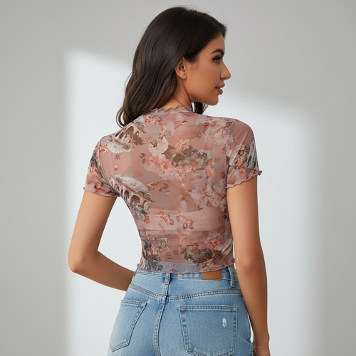 Top | with Unique Print | Sheer Short Sleeve Aesthetic Tee, Ruffled Hem Vintage Streetwear Summer Top - Image 26