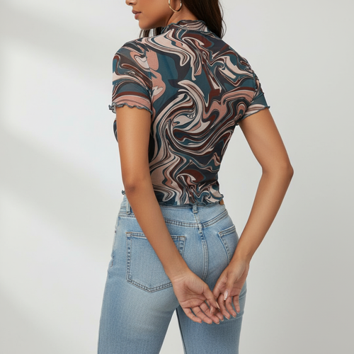 Top | with Unique Print | Sheer Short Sleeve Aesthetic Tee, Ruffled Hem Vintage Streetwear Summer Top - Image 27