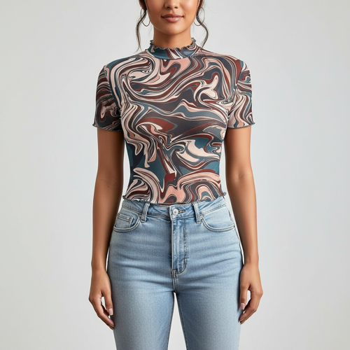 Top | with Unique Print | Sheer Short Sleeve Aesthetic Tee, Ruffled Hem Vintage Streetwear Summer Top - Image 29