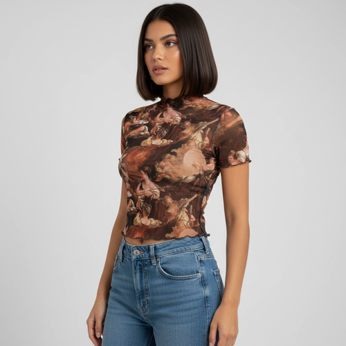 Top | with Unique Print | Sheer Short Sleeve Aesthetic Tee, Ruffled Hem Vintage Streetwear Summer Top - Image 3