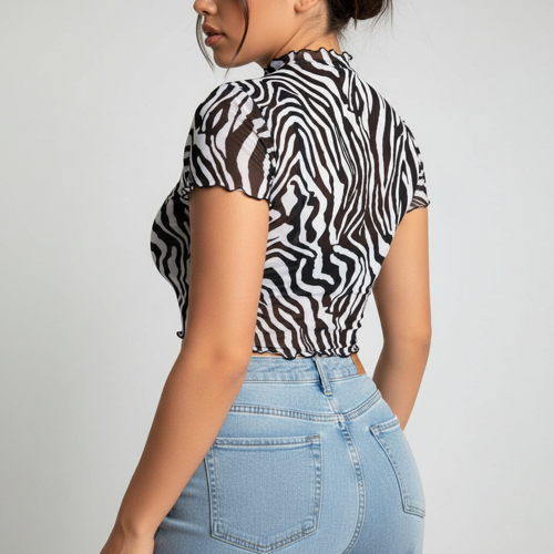 Top | with Unique Print | Sheer Short Sleeve Aesthetic Tee, Ruffled Hem Vintage Streetwear Summer Top - Image 30