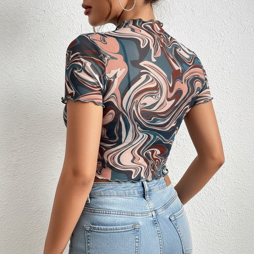 Top | with Unique Print | Sheer Short Sleeve Aesthetic Tee, Ruffled Hem Vintage Streetwear Summer Top - Image 33
