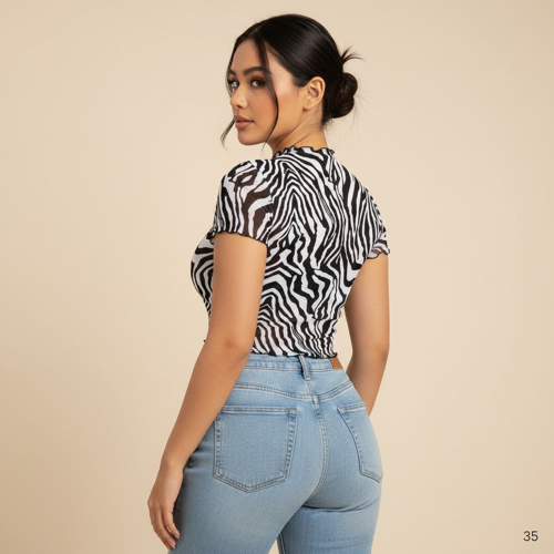 Top | with Unique Print | Sheer Short Sleeve Aesthetic Tee, Ruffled Hem Vintage Streetwear Summer Top - Image 35