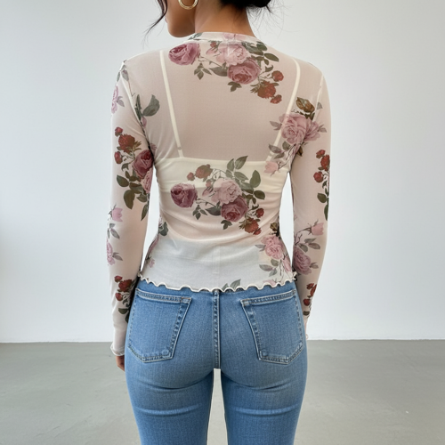 Top | with Unique Print | Sheer Short Sleeve Aesthetic Tee, Ruffled Hem Vintage Streetwear Summer Top - Image 38