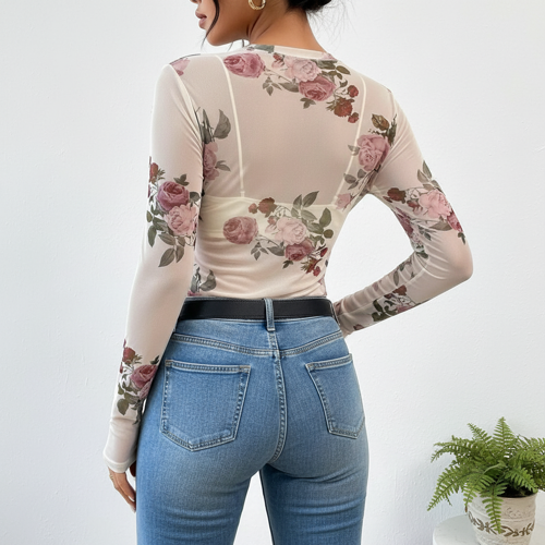 Top | with Unique Print | Sheer Short Sleeve Aesthetic Tee, Ruffled Hem Vintage Streetwear Summer Top - Image 39