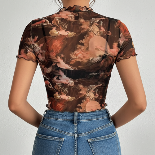 Top | with Unique Print | Sheer Short Sleeve Aesthetic Tee, Ruffled Hem Vintage Streetwear Summer Top - Image 4
